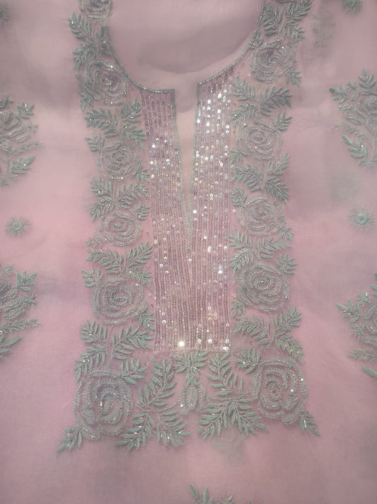 Pink Noori Lux Collection pure Chikankari and pearl work organza unstitched suit by LVW Fashions, showcasing intricate Lucknow embroidery.