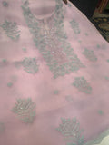 Pink Noori Lux Collection pure Chikankari and pearl work organza unstiched suit by LVW Fashions, handmade Lucknow Chikankari kurta.