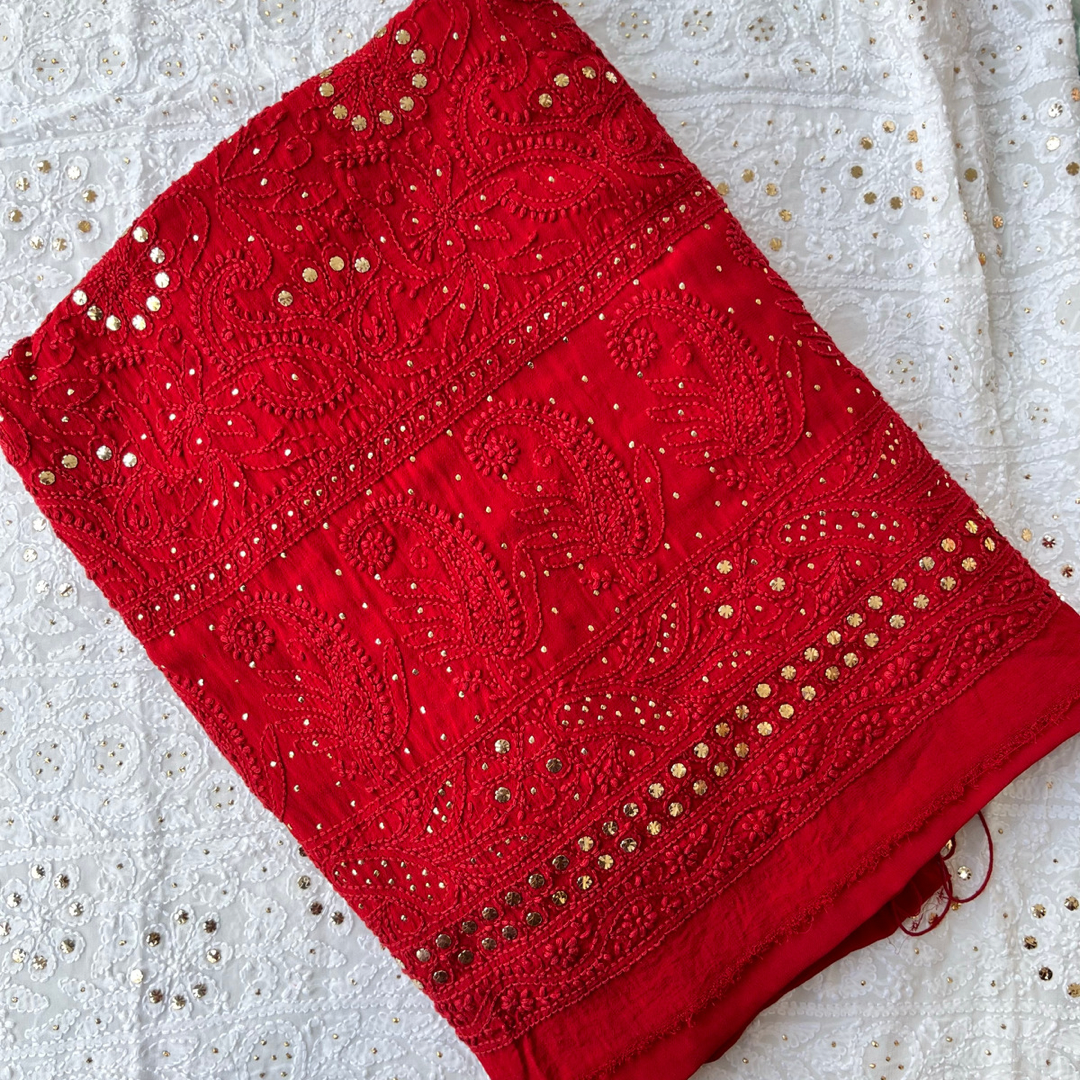 Premium red Georgette unstitched Kurta and dupatta set by LVW Fashions, handmade Lucknow Chikankari for plus size.