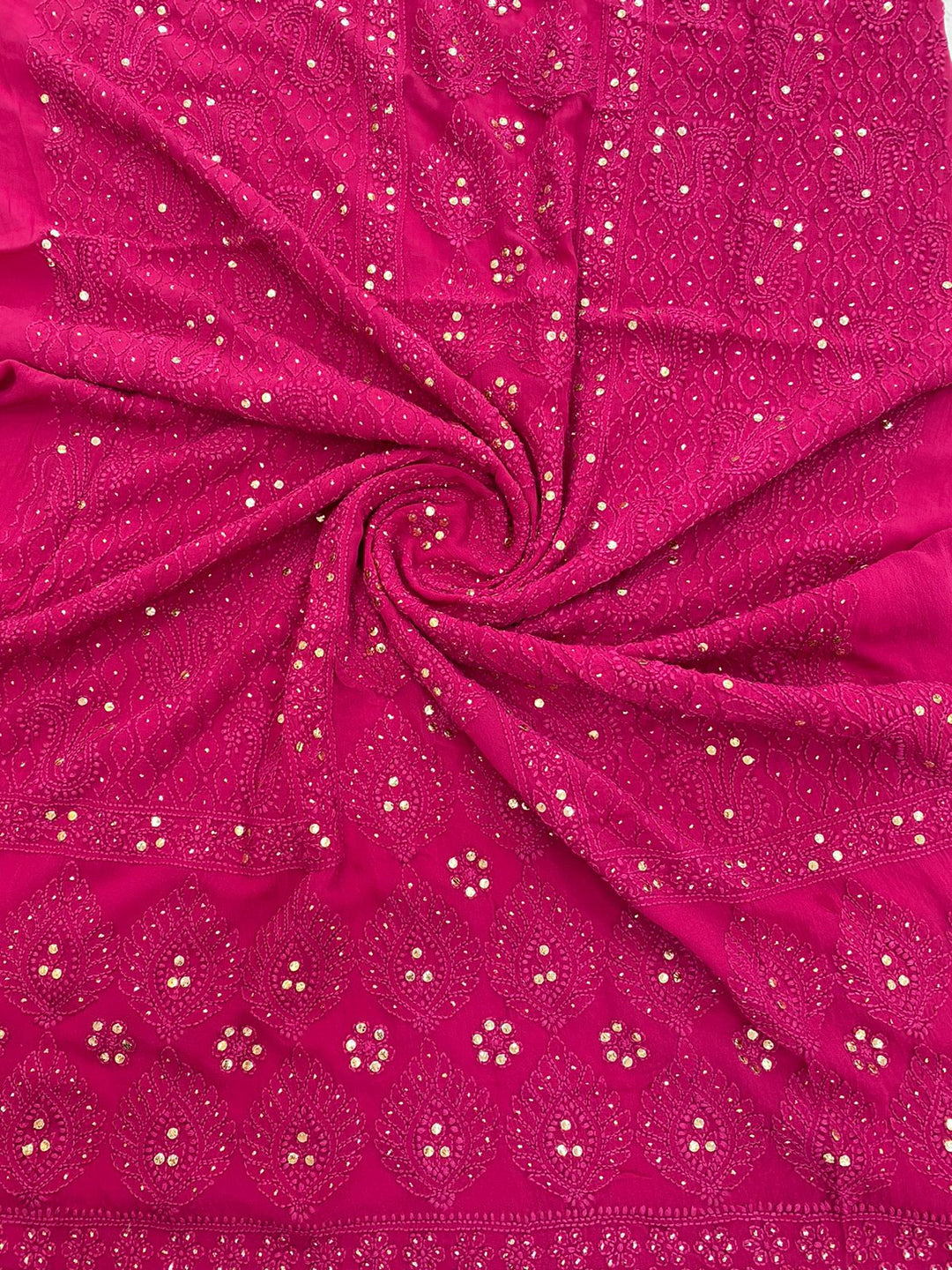 Beautiful red premium georgette unstitched kurta and dupatta set by LVW Fashions with handmade Lucknow Chikankari embroidery.