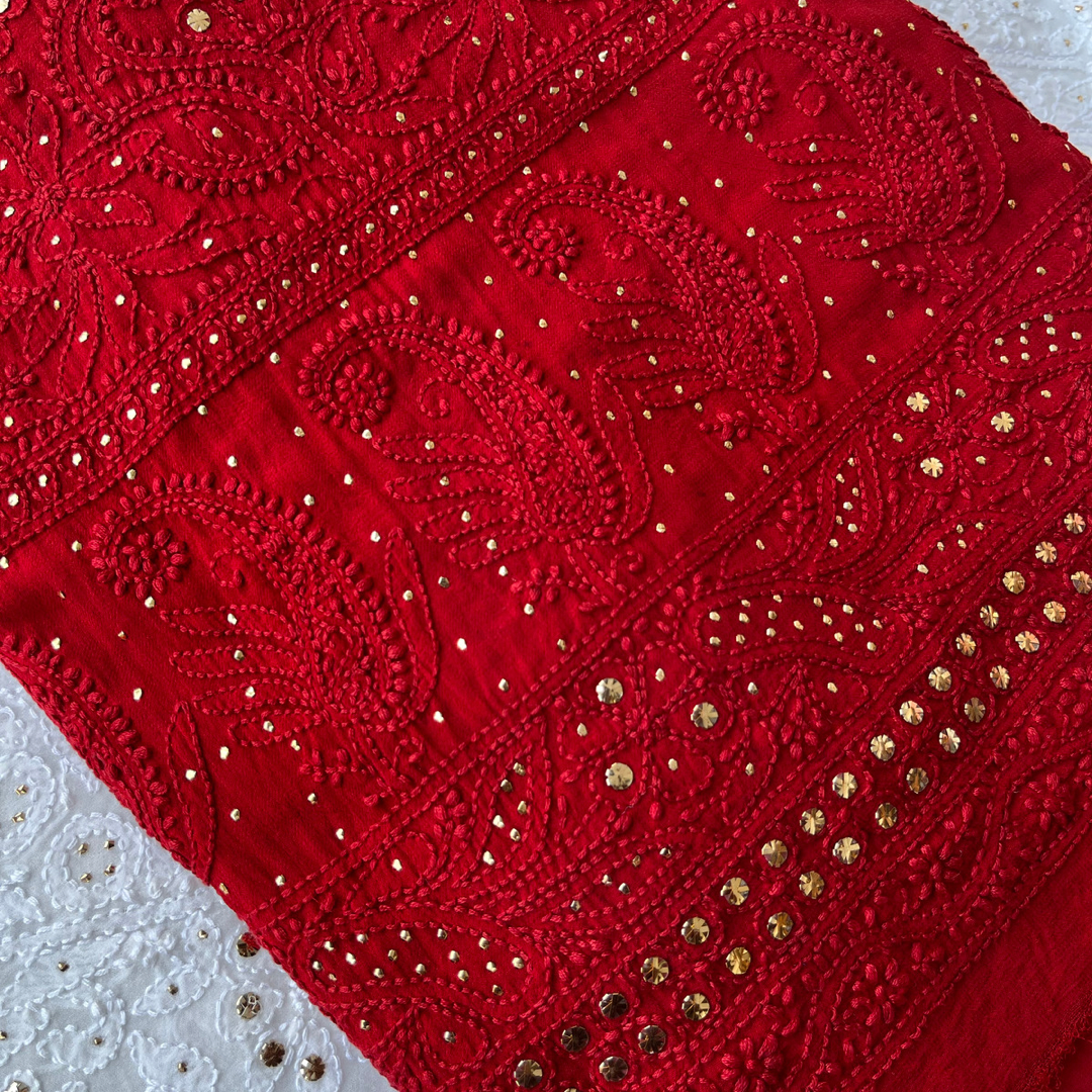 Beautiful red handmade Chikankari Georgette unstitched kurta and dupatta set by LVW Fashions, ideal for plus-size wearers.