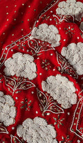 Red premium georgette Chikankari unstitched suit with pitta kamdani and pearl embroidery, handmade by LVW Fashions, Lucknow Chikankari.