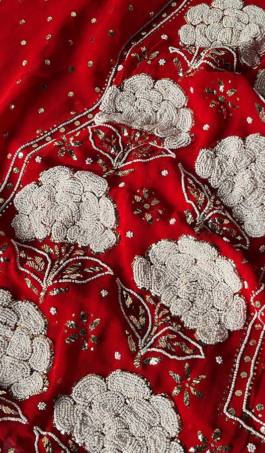 Red premium georgette Chikankari unstitched suit with pitta kamdani and pearl embroidery, handmade by LVW Fashions, Lucknow Chikankari.