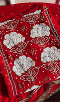 Red premium georgette Chikankari unstitched suit by LVW Fashions with pitta kamdani and pearl embroidery, handmade Lucknow Chikankari.