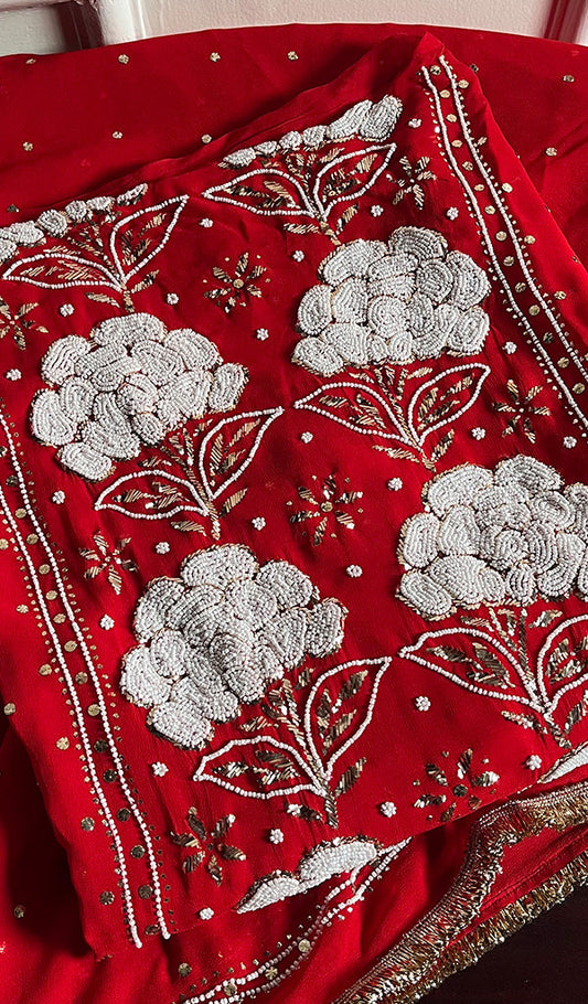Red premium georgette Chikankari unstitched suit by LVW Fashions with pitta kamdani and pearl embroidery, handmade Lucknow Chikankari.