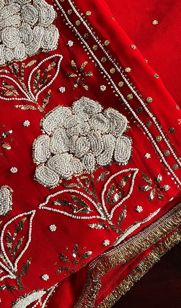 Handmade red Georgette Chikankari unstitched suit by LVW Fashions with pitta kamdani and pearl embroidery, traditional Lucknow chikankari.