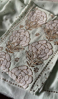 Handmade red Georgette Chikankari unstitched suit with Pitta Kamdani and pearls embroidery by LVW Fashions, Lucknow Chikankari style.
