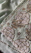 Red premium georgette unstitched suit with Lucknow chikankari, pitta kamdani, and pearl embroidery by LVW Fashions.