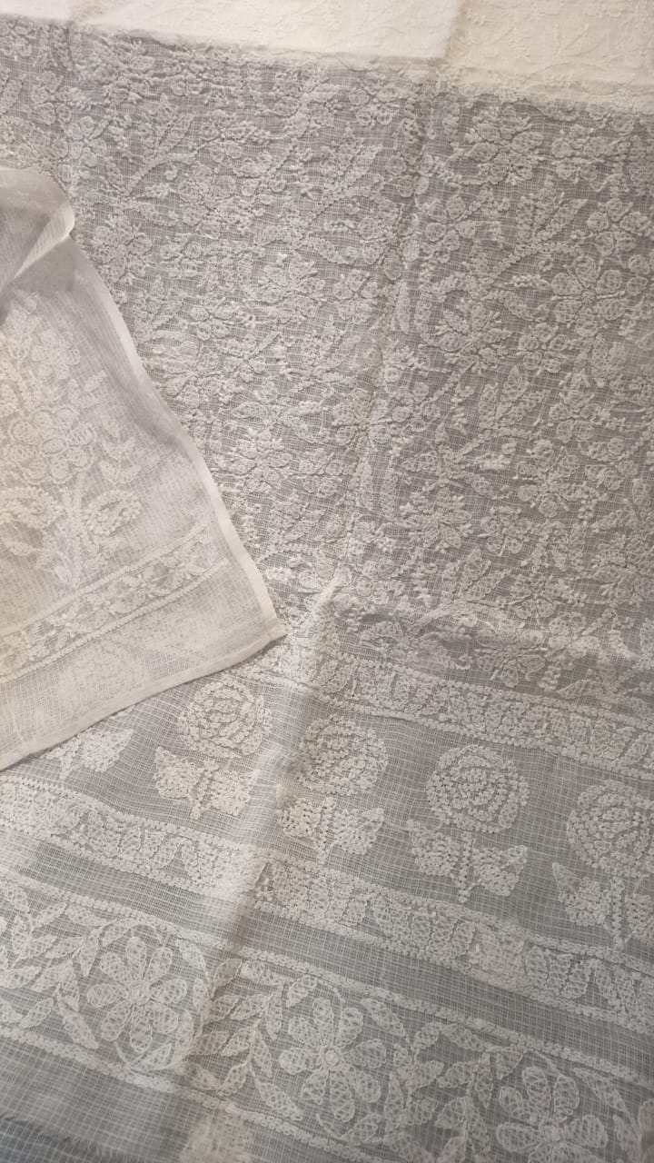 Pure kota cotton Chikankari kurta and dupatta set by LVW Fashions in traditional Lucknow embroidery, dyeable fabric, unstiched design.
