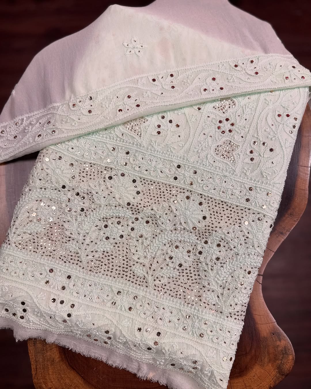 White Inaayat premium georgette Chikankari Kurta and dupatta set by LVW Fashions, showcasing intricate handmade Lucknow chikankari embroidery.