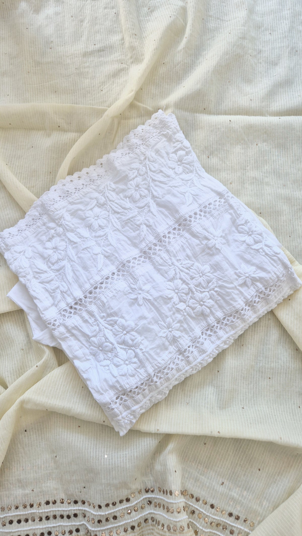 Handmade Lucknow chikankari kurta with lace, paired with premium soft cotton and silk bottoms from LVW Fashions.
