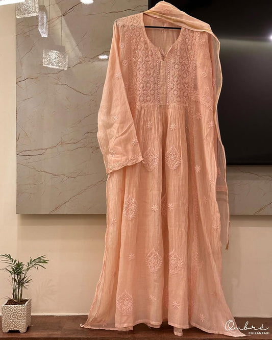 Noori premium Chanderi Chikankari and pearl add-on Kurta Dupatta set by LVW Fashions, handmade Lucknow Chikankari, featuring intricate embroidery.