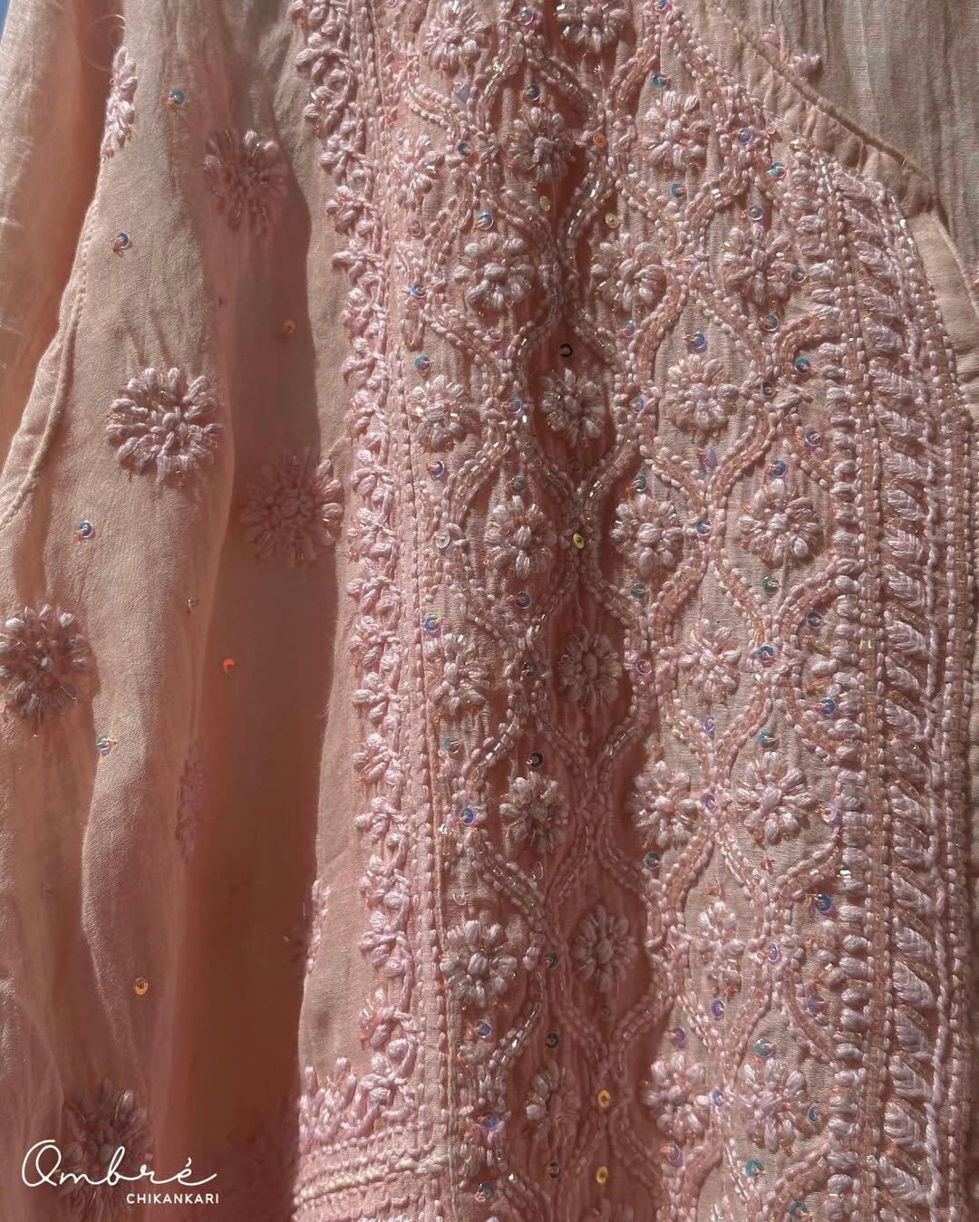 Noori premium Chanderi Chikankari kurta and dupatta set by LVW Fashions with pearl embellishments, handmade Lucknow Chikankari.