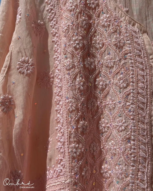 Noori premium Chanderi Chikankari kurta and dupatta set by LVW Fashions with pearl embellishments, handmade Lucknow Chikankari.