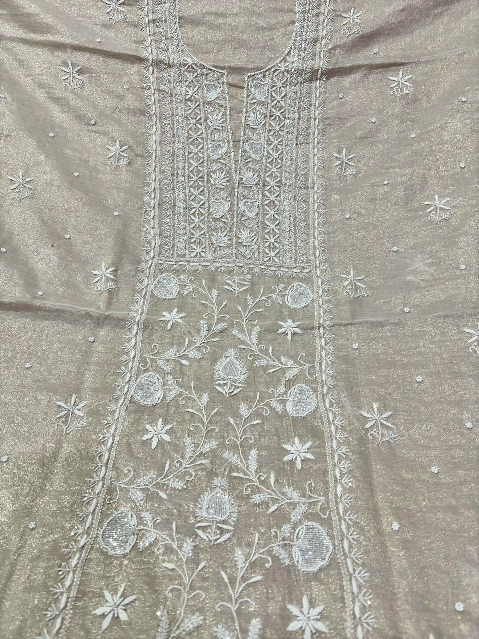 Noori Premium Chanderi Chikankari Kurta and Dupatta set with pearl embellishments, handmade Lucknow Chikankari from LVW Fashions.