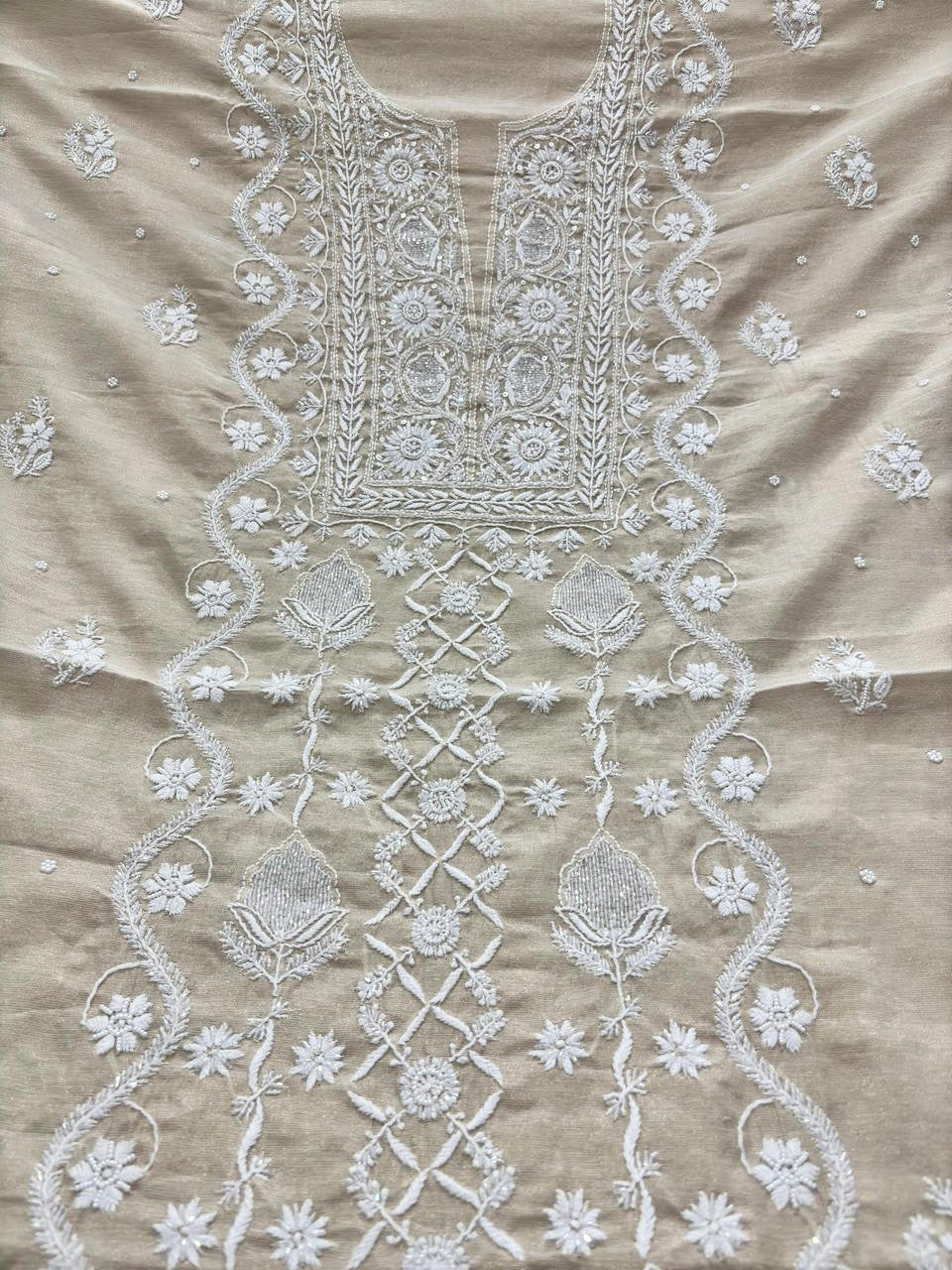 Noori premium Chanderi Chikankari kurta and dupatta set with pearl accents, handcrafted by LVW Fashions, featuring Lucknow Chikankari.