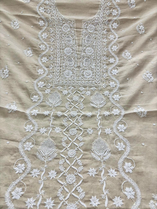 Noori premium Chanderi Chikankari kurta and dupatta set with pearl accents, handcrafted by LVW Fashions, featuring Lucknow Chikankari.