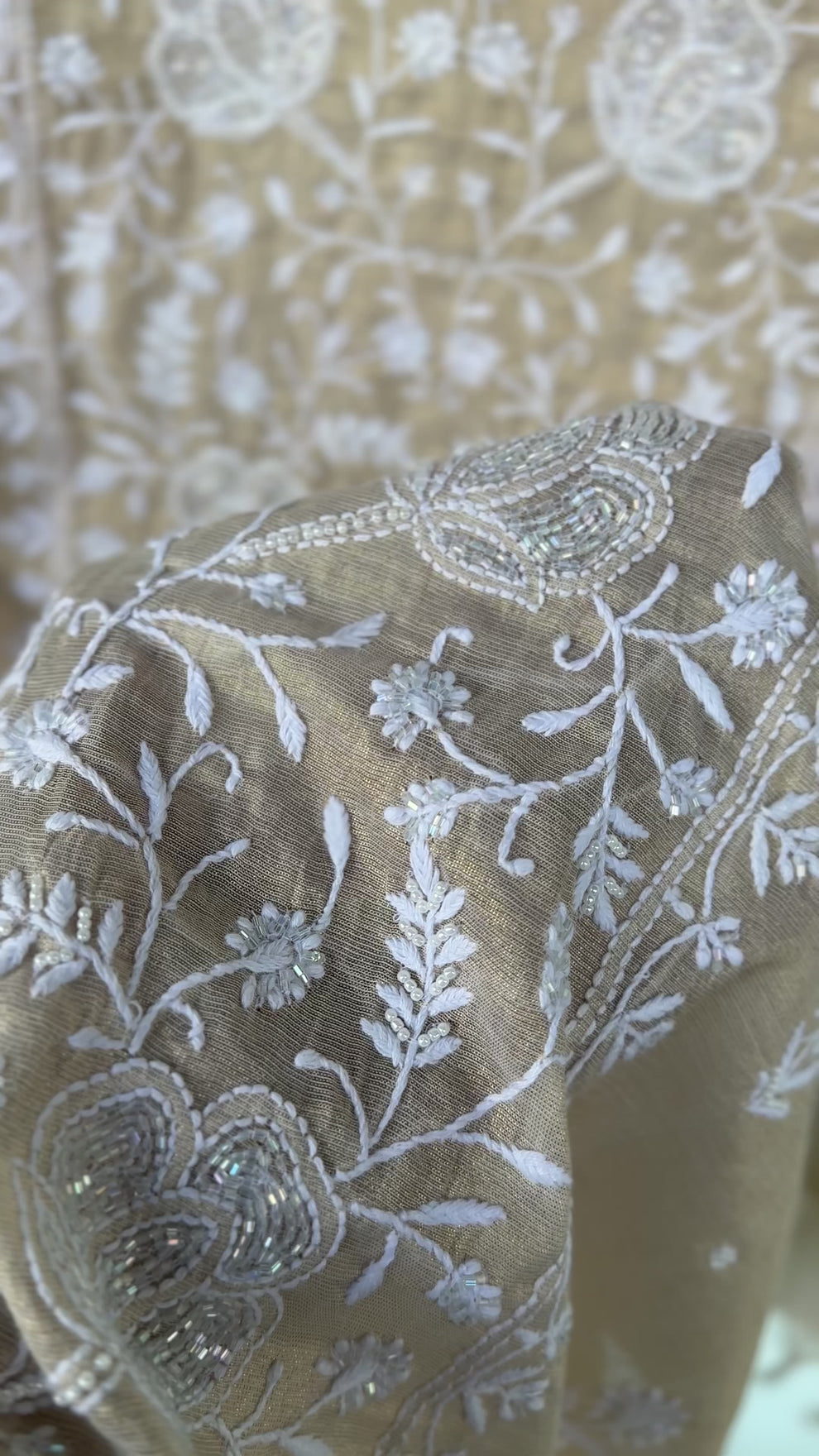 Noori premium Chanderi Chikankari kurta and dupatta set with pearl embellishments, handmade by LVW Fashions from Lucknow.