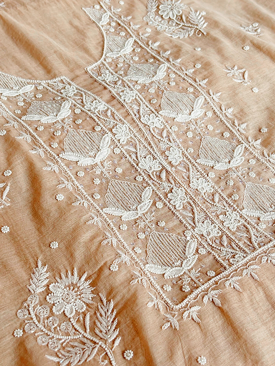 Noori Premium Chanderi Chikankari and Pearl Add-On Kurta Dupatta Set by LVW Fashions, handmade Lucknow Chikankari with intricate embroidery.