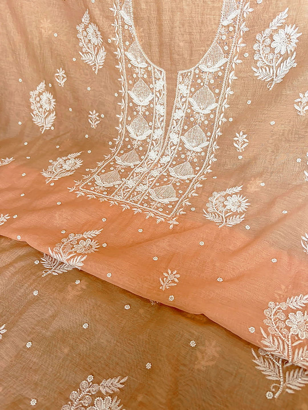 Noori premium Chanderi Chikankari kurta and dupatta set by LVW Fashions, featuring handmade Lucknow Chikankari and pearl embellishments.