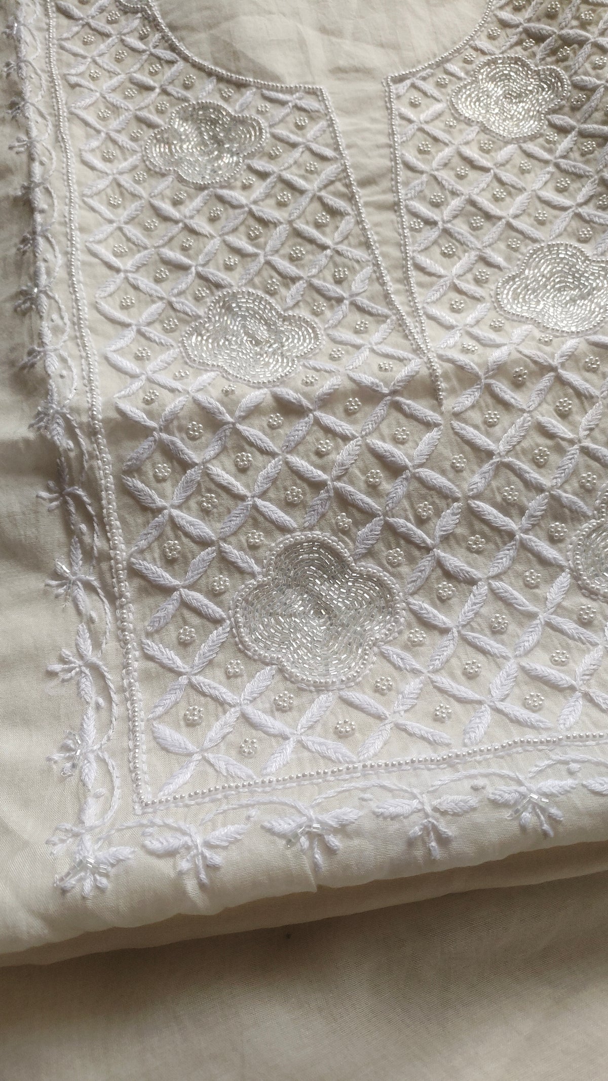 Noori premium Chanderi Chikankari and pearl add-on kurta dupatta set by LVW Fashions, handmade Lucknow Chikankari with intricate embroidery.