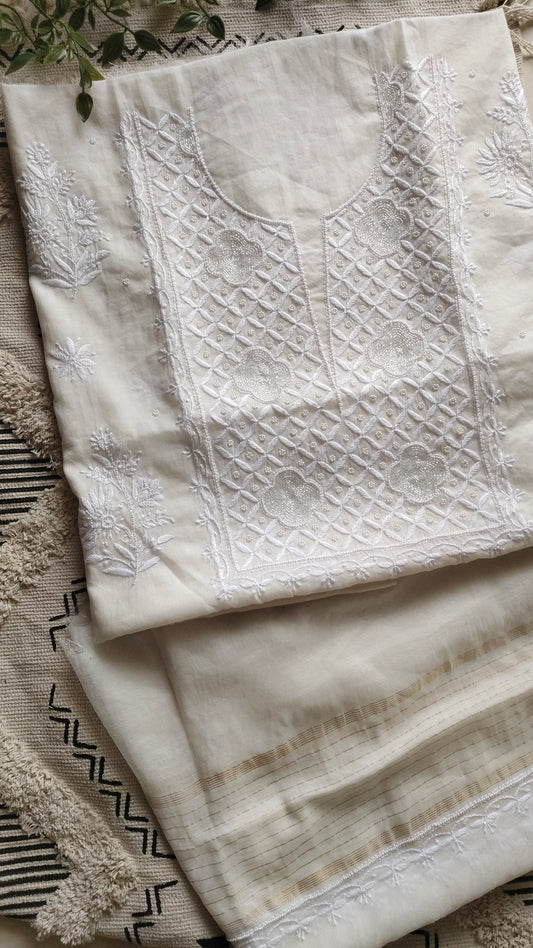 Noori  Premium Chanderi Chikankari & Pearl Add On Kurta Dupatta Set
