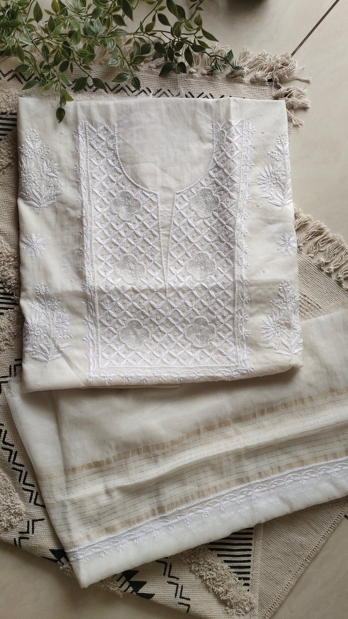 Noori premium Chanderi Chikankari kurta and dupatta set by LVW Fashions, featuring intricate hand-stitched Lucknow Chikankari and pearl details.