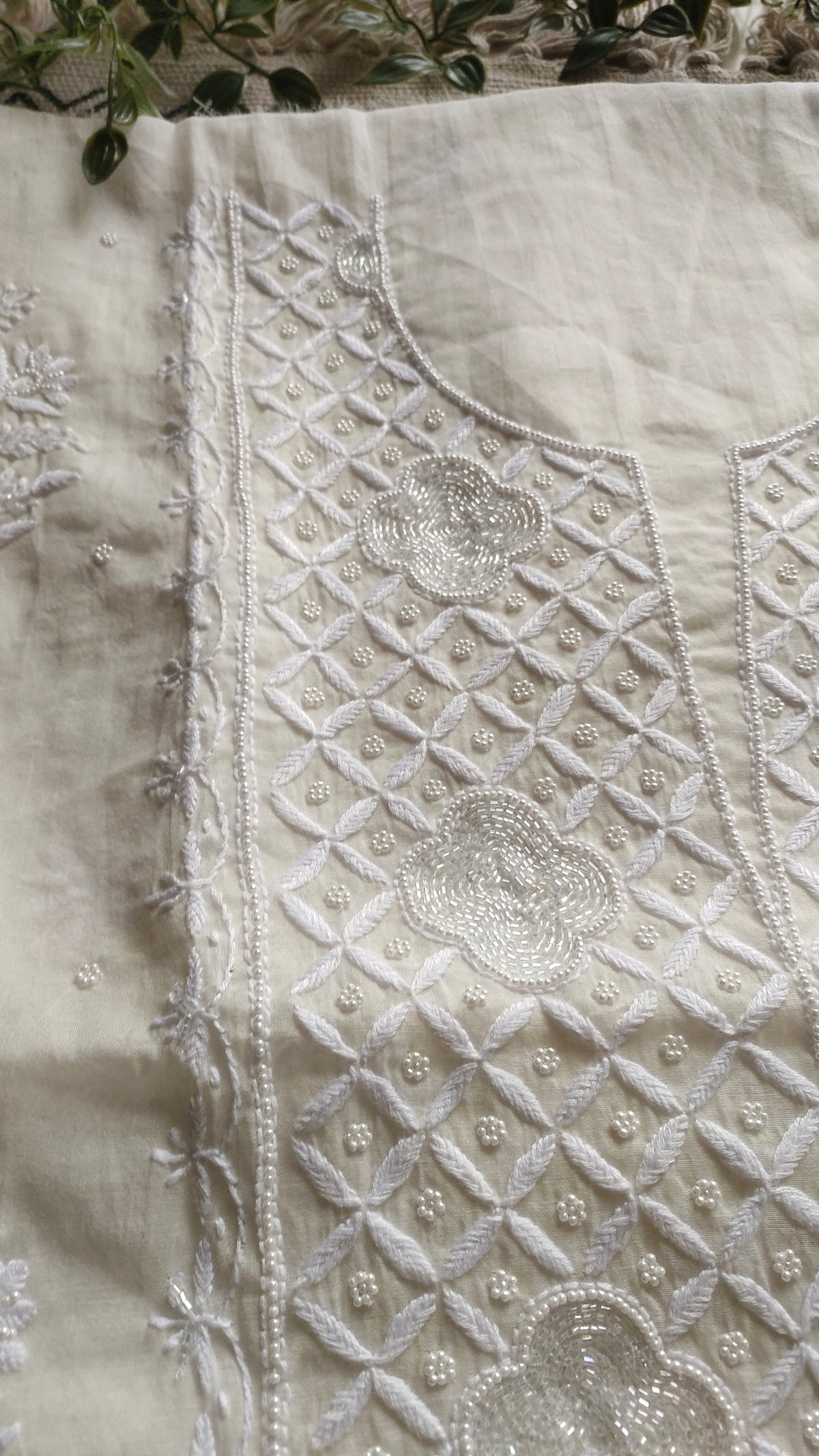 Noori premium Chanderi Chikankari and pearl add-on kurta dupatta set with handcrafted Lucknow Chikankari by LVW Fashions.