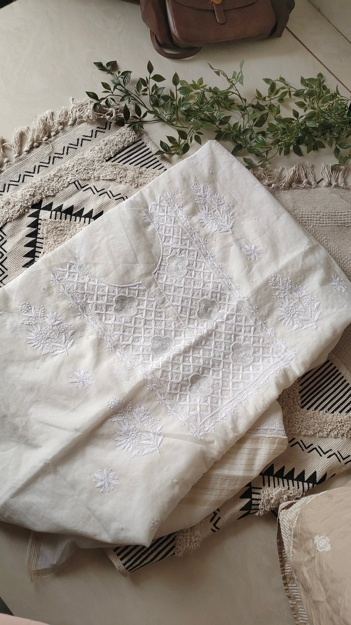 Noori premium Chanderi Chikankari and pearl add-on kurta dupatta set by LVW Fashions, handcrafted Lucknow Chikankari.