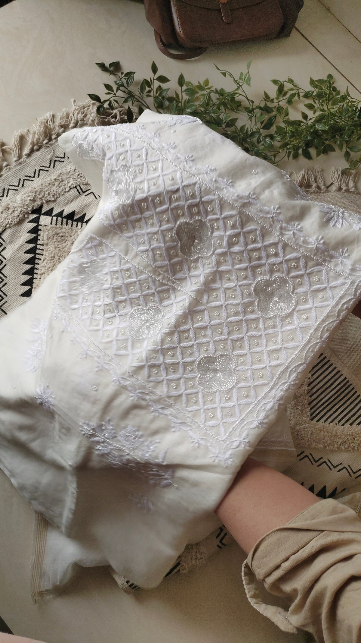 Noori premium Chanderi Chikankari kurta and dupatta set by LVW Fashions, featuring handmade Lucknow Chikankari with pearl accents.