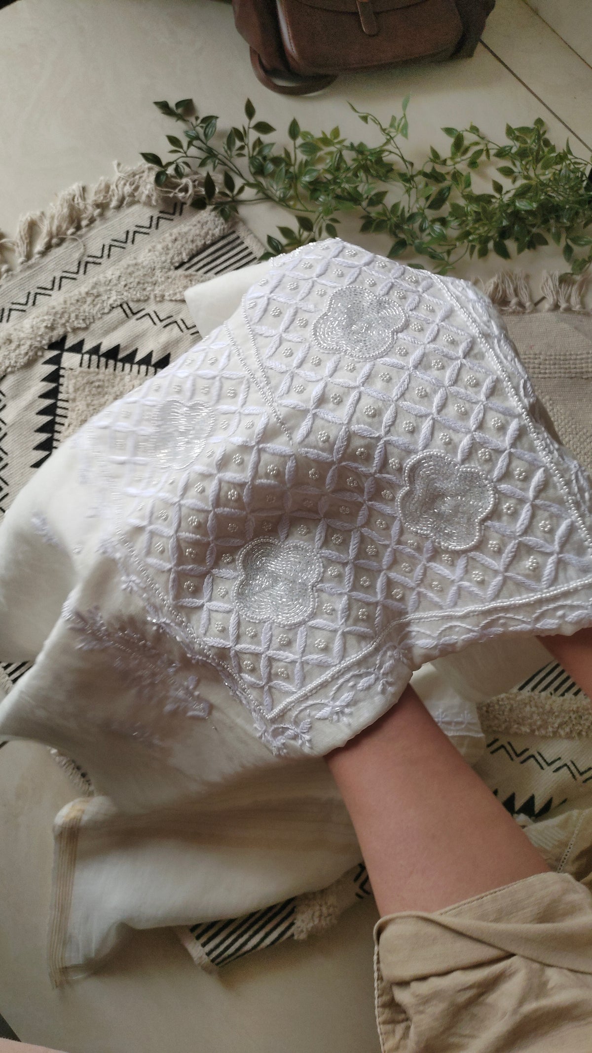 Noori premium Chanderi Chikankari and pearl add-on kurta dupatta set by LVW Fashions, handmade Lucknow Chikankari with intricate embroidery.