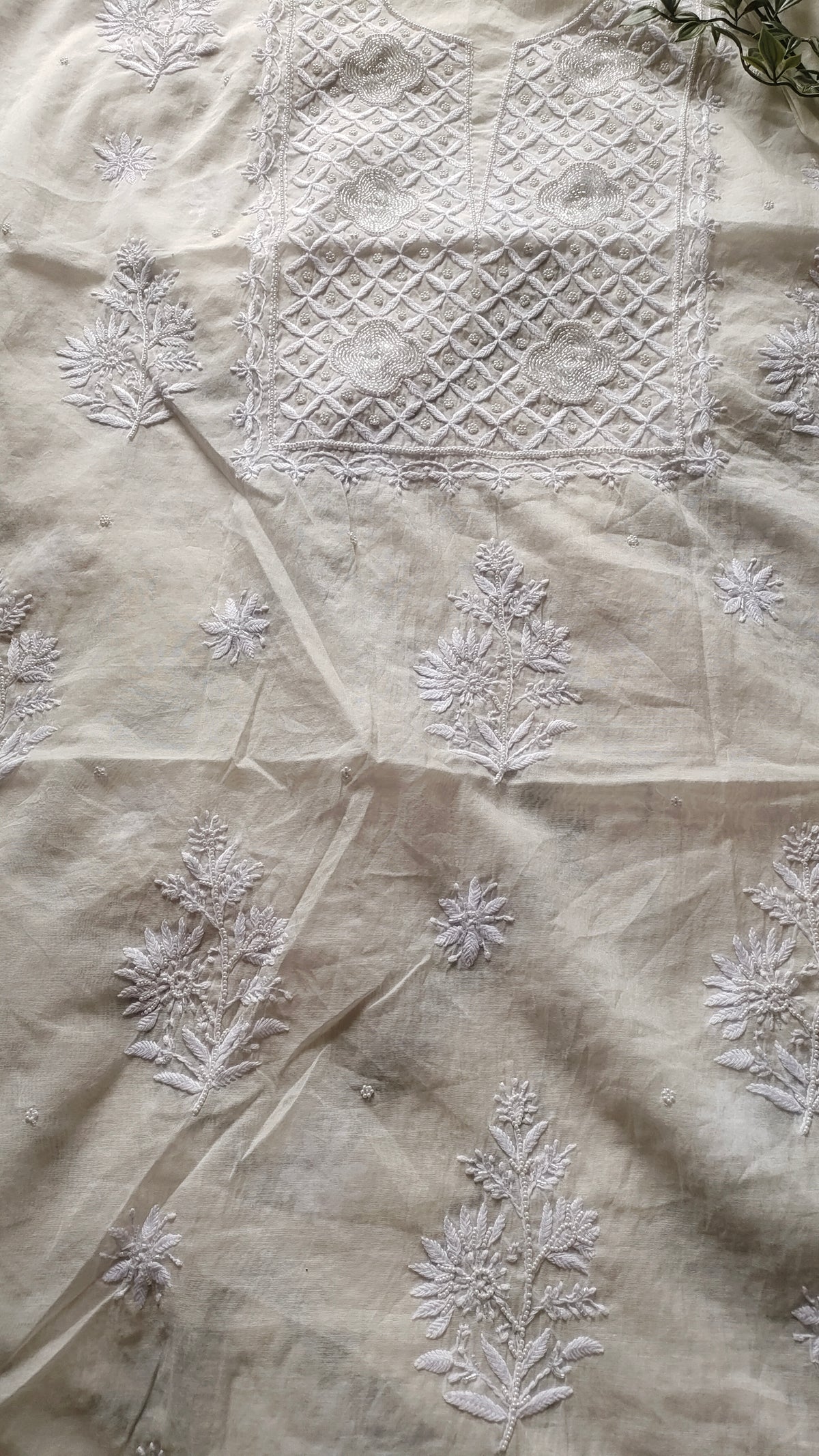 Noori Premium Chanderi Chikankari Kurta and Dupatta set by LVW Fashions, handmade with pearl embellishments and Lucknow craftsmanship.