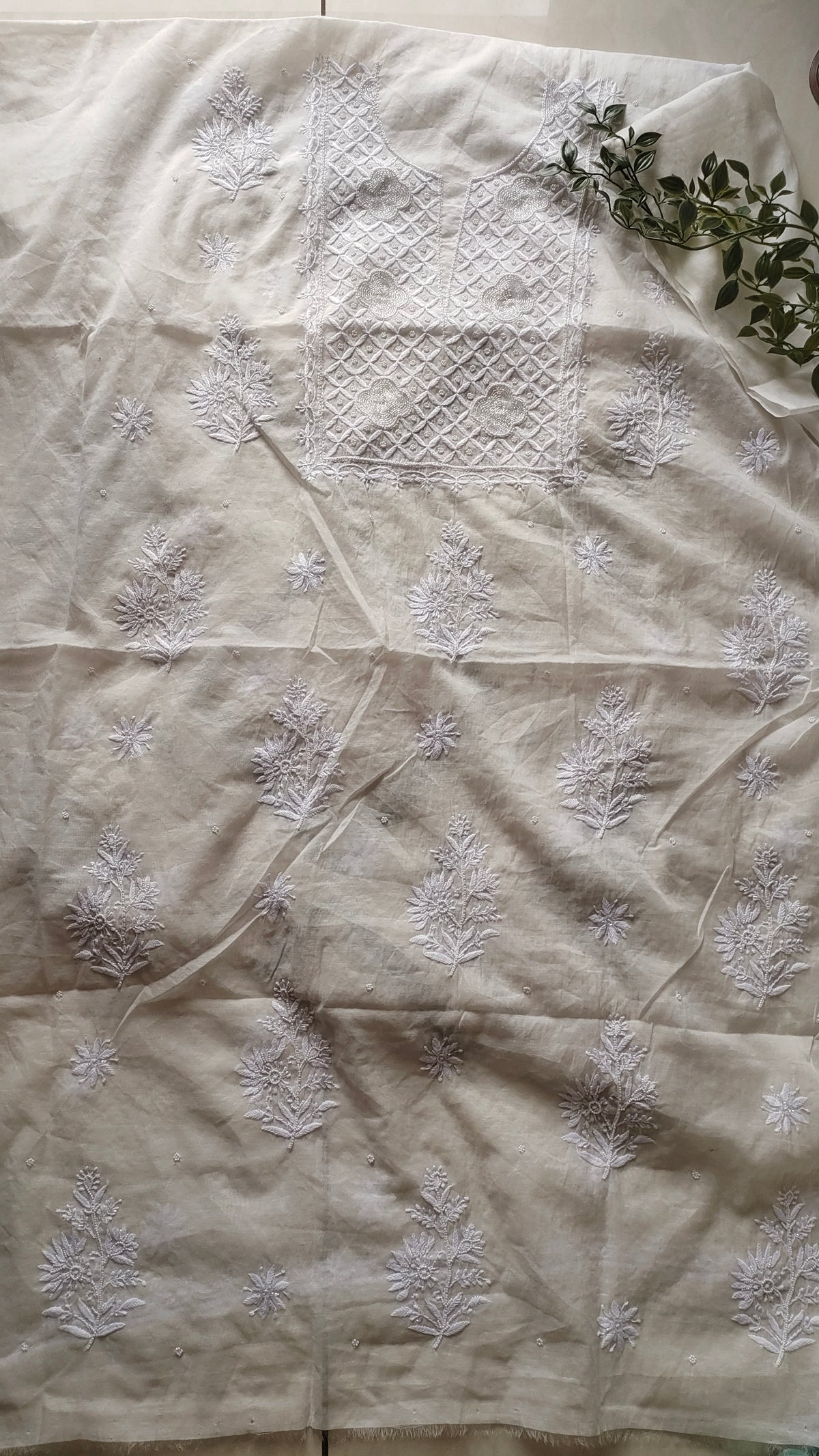 Noori premium Chanderi Chikankari Kurta and dupatta set with pearl accents, handcrafted by LVW Fashions in Lucknow Chikankari style.