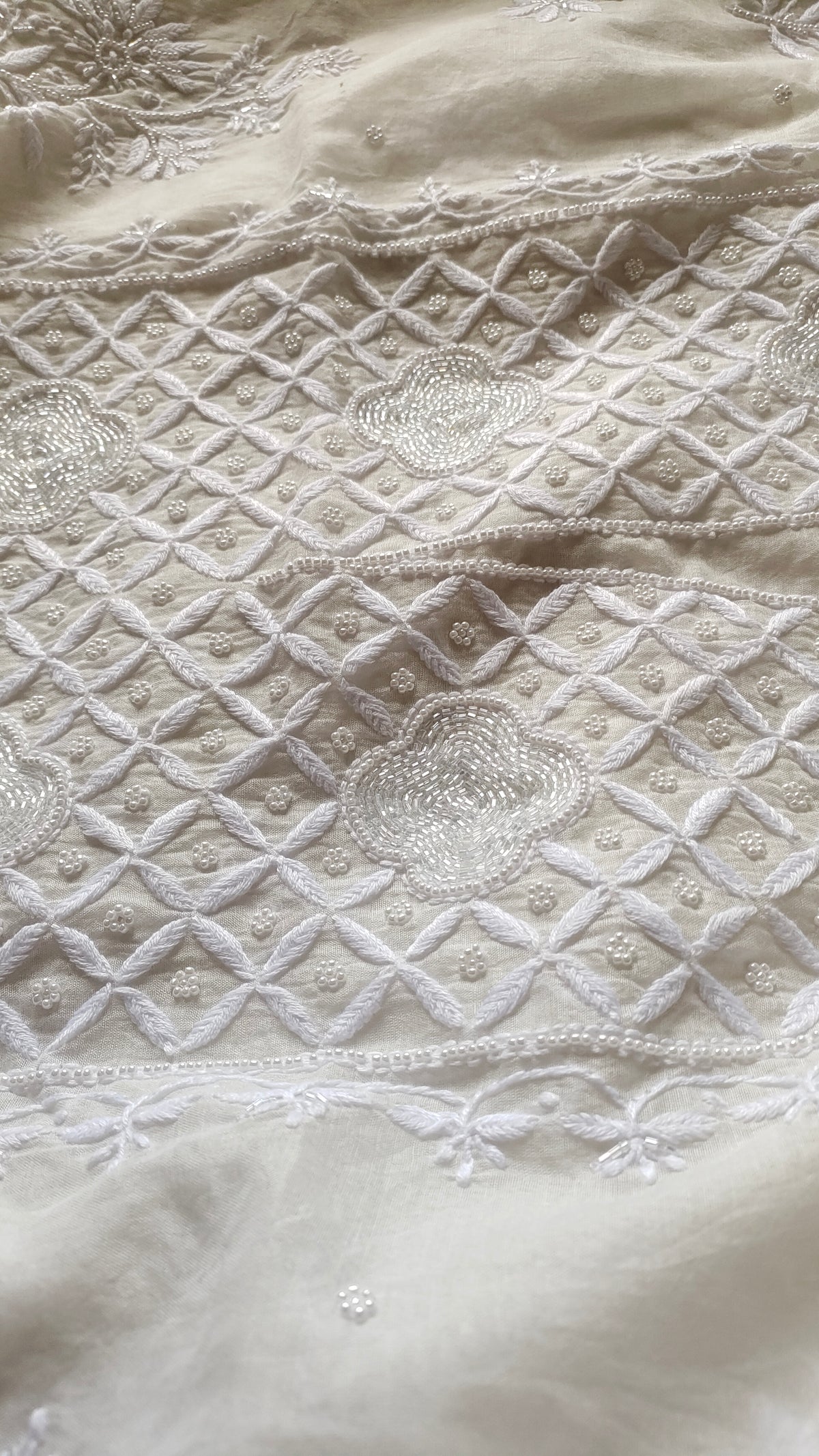Noori premium Chanderi Chikankari kurta and dupatta set by LVW Fashions, featuring intricate handmade Lucknow Chikankari and pearl details.