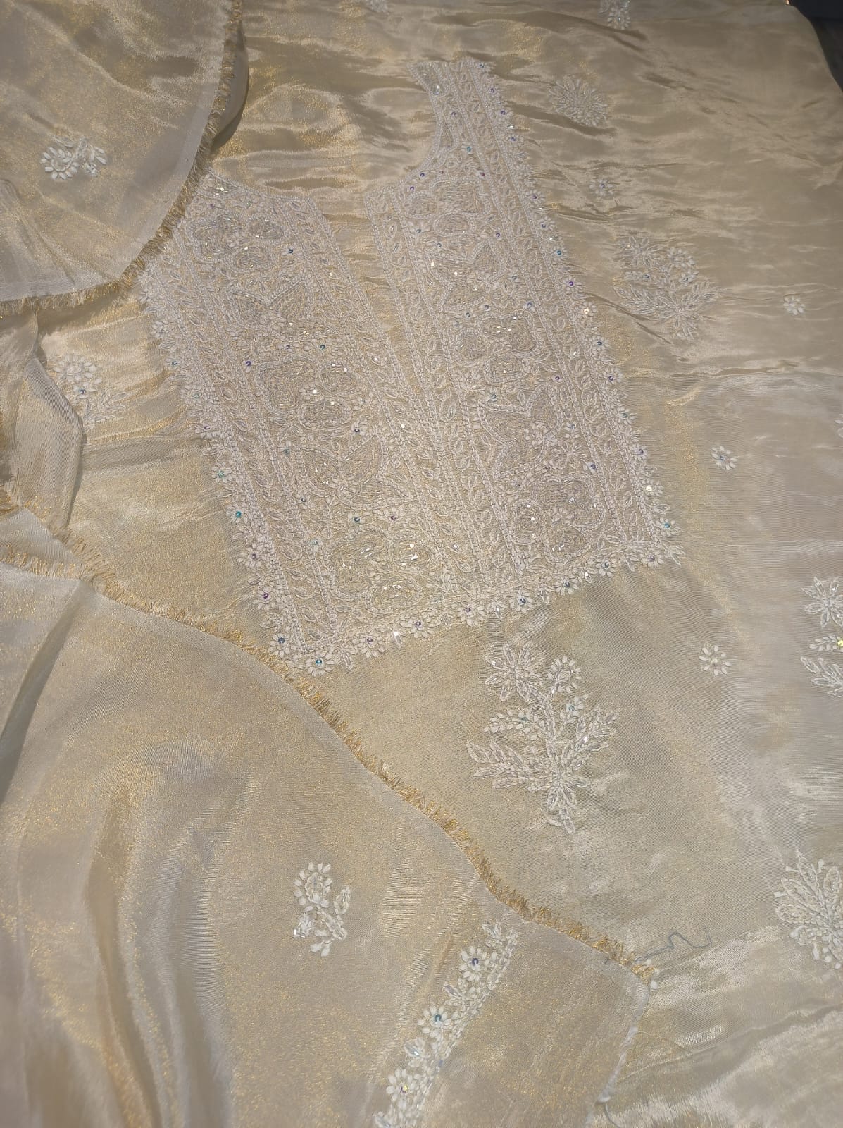 Luxurious women’s kurta set with shimmer premium georgette and intricate Lucknow chikankari embroidery by LVW Fashions.