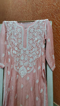 Aloe green Arohi premium silk Chikankari kurta by LVW Fashions featuring intricate handmade Lucknow embroidery and luxurious look.