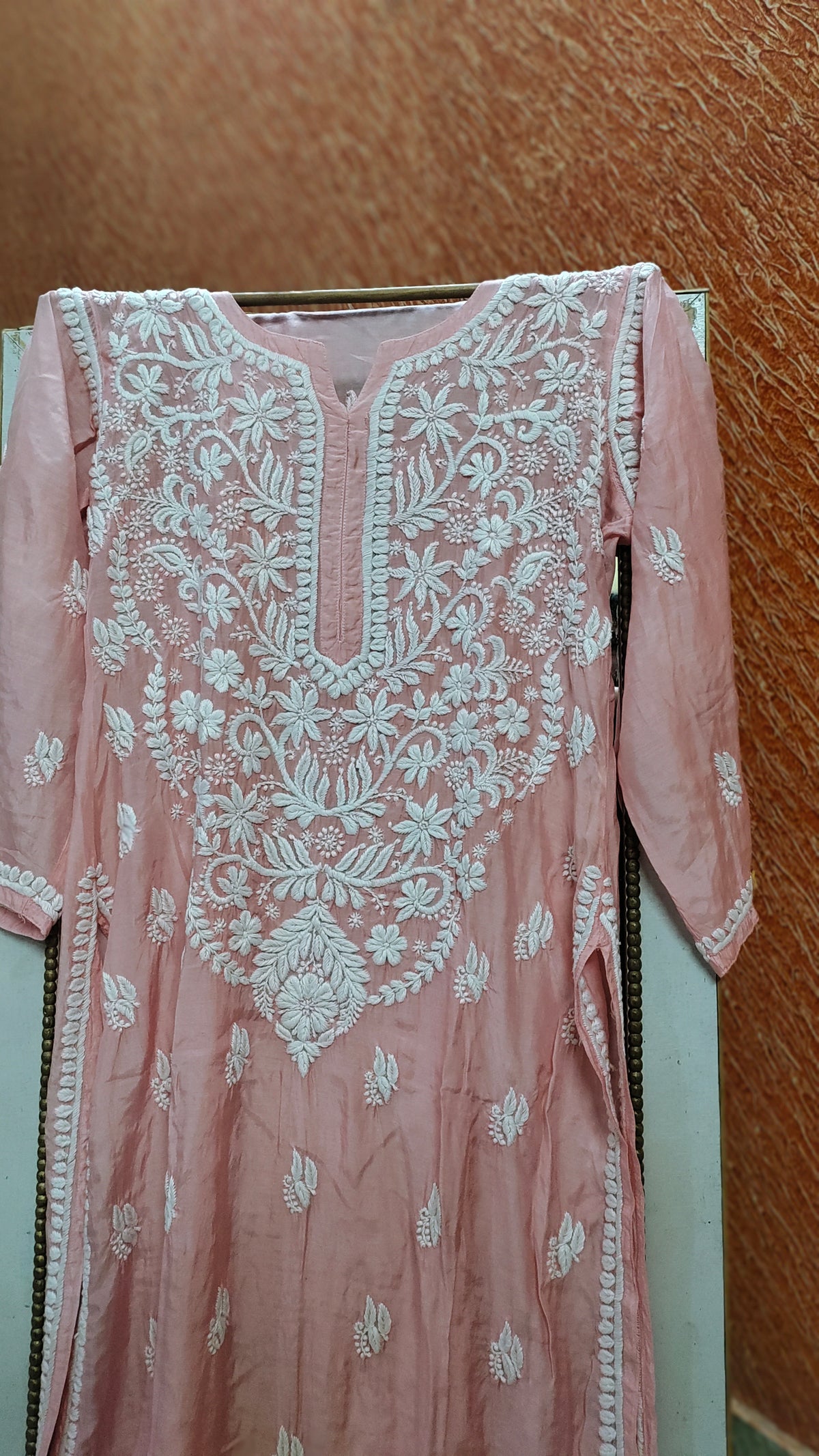 Aloe green Arohi premium silk Chikankari kurta by LVW Fashions featuring intricate handmade Lucknow embroidery and luxurious look.