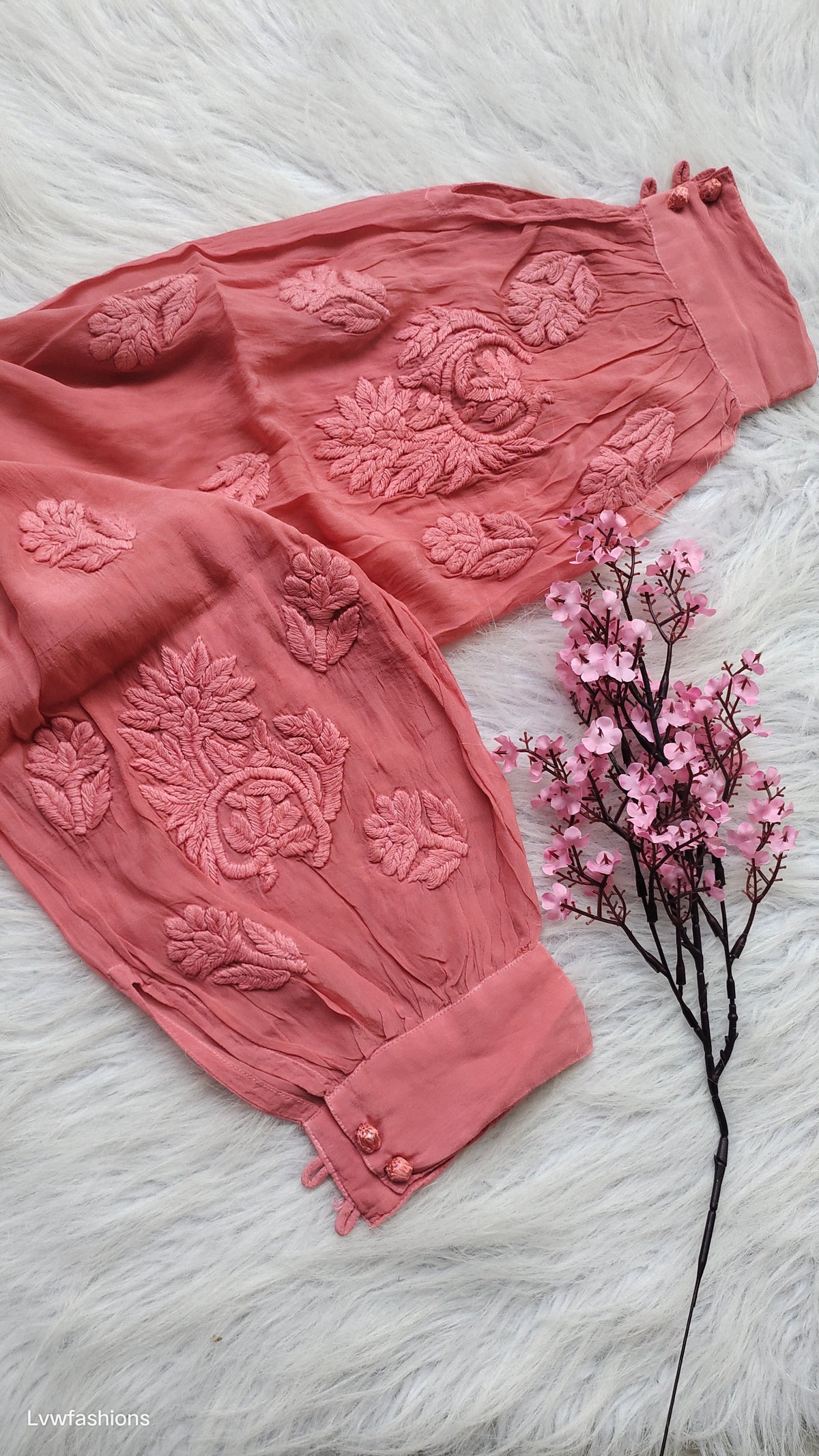 Afgani Tulip Premium Silk Chikankari Co-Ord Set by LVW Fashions, featuring a handmade Lucknow chikankari kurta and matching trousers.