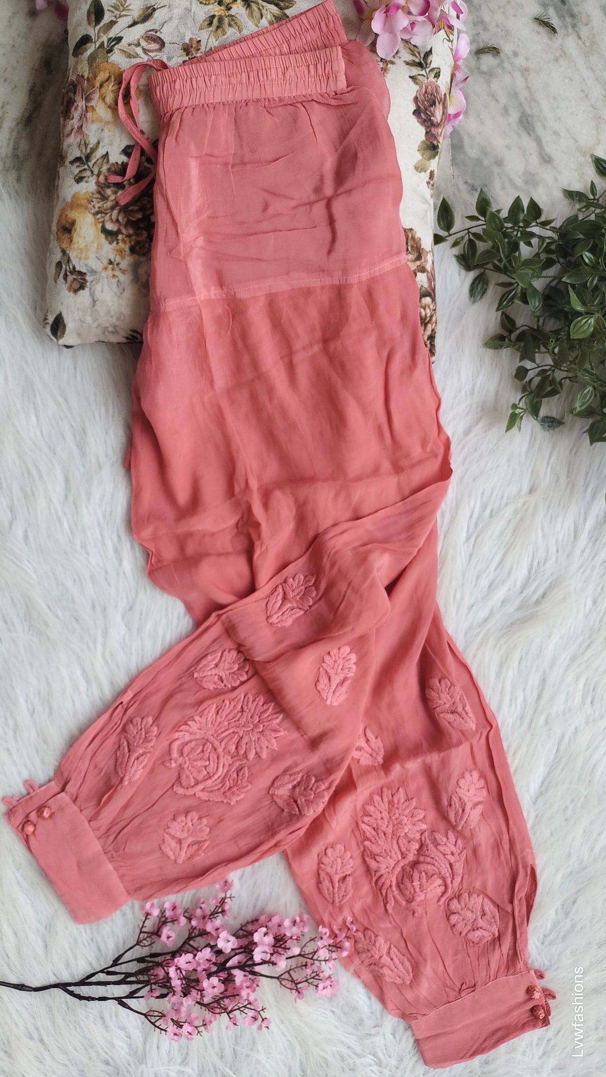Afgani Tulip Premium Silk Chikankari Co-Ord Set by LVW Fashions featuring a handmade Lucknow chikankari kurta and matching bottom in silk.