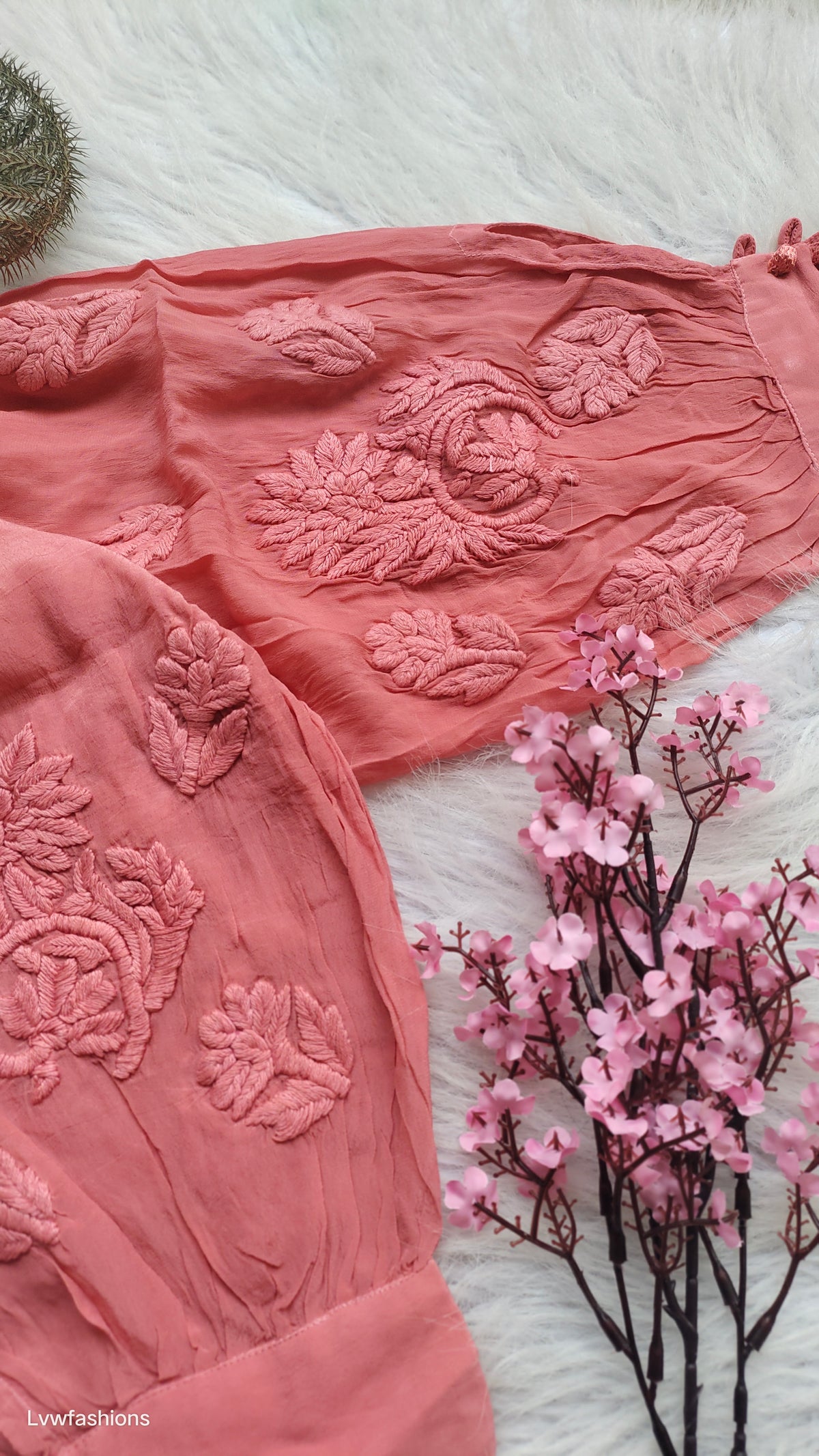 Afgani Tulip Premium Silk Chikankari Co-Ord Set by LVW Fashions featuring a handmade Lucknow Chikankari kurta and matching bottoms.