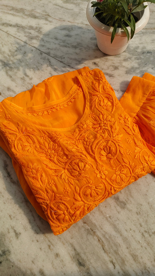 Afgani Tulip premium silk Chikankari co-ord set with handcrafted Lucknow-style embroidery, featuring a kurta and matching pants.