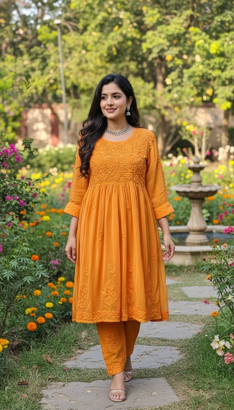Afgani Tulip Premium Silk Chikankari Co-Ord Set by LVW Fashions featuring a handmade Lucknow Chikankari kurta and matching pants.