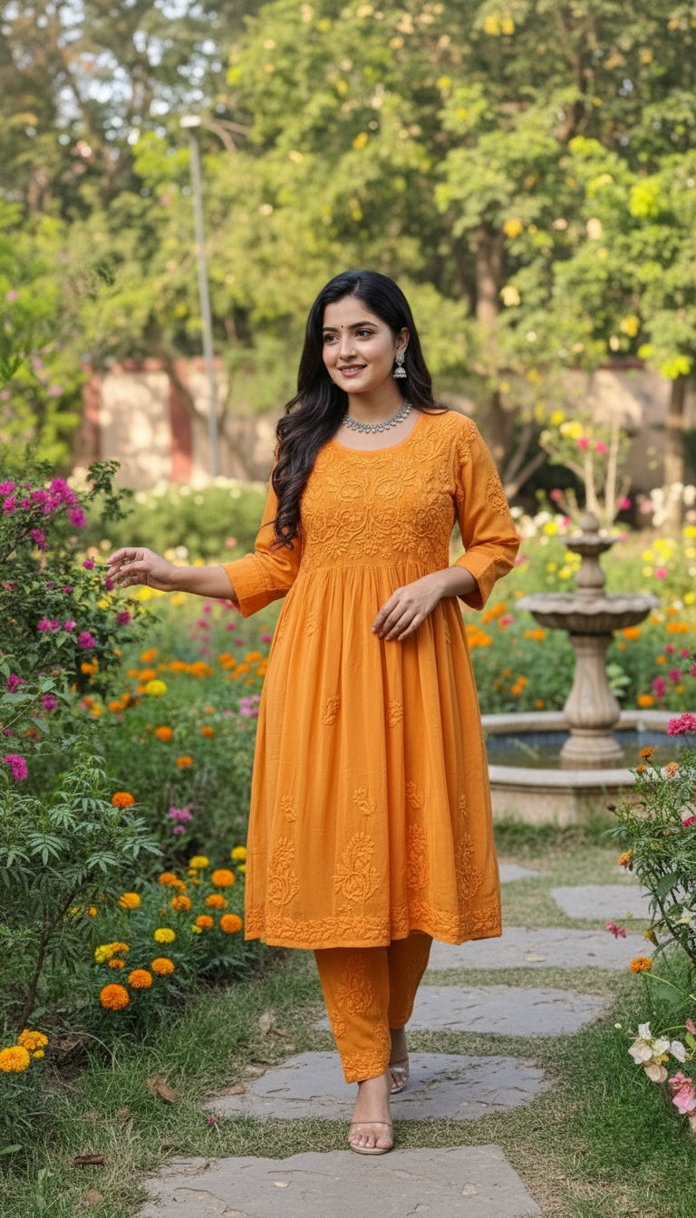Afgani Tulip Premium Silk Chikankari Co-Ord Set by LVW Fashions featuring a handmade Lucknow chikankari kurta and matching bottom.