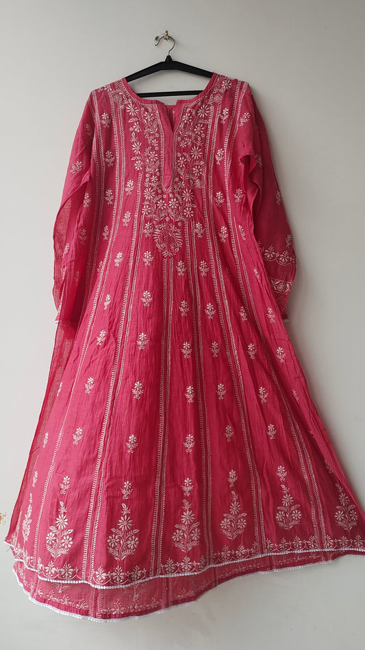 Handcrafted Arush Lux Premium Soft Mul Chanderi Anarkali with Dupatta, handmade Lucknow Chikankari Kurta by LVW Fashions.