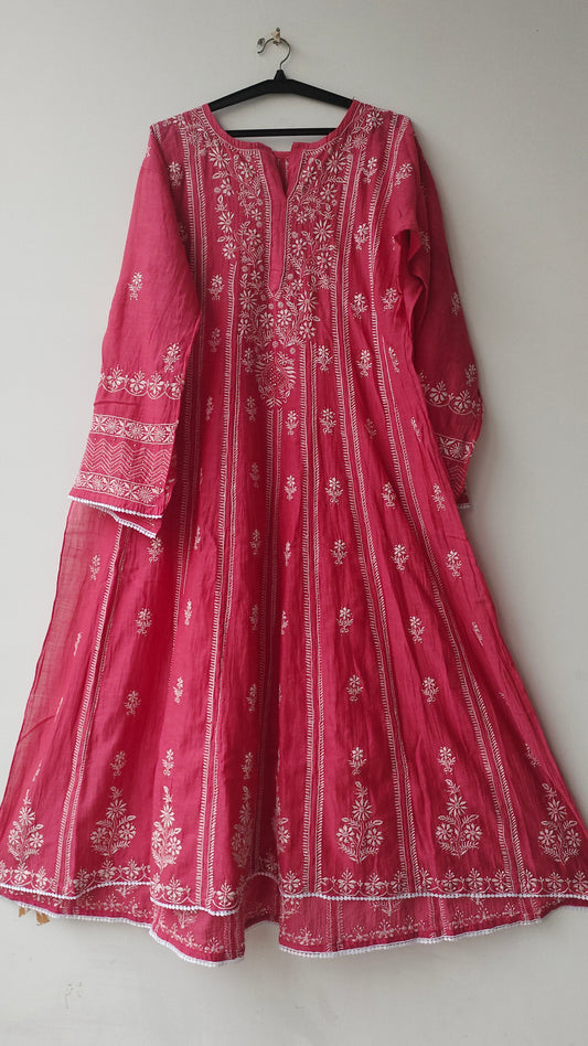 Handcrafted Arush Lux Premium soft Mul Chanderi Anarkali with dupatta by LVW Fashions, featuring traditional Lucknow Chikankari embroidery.