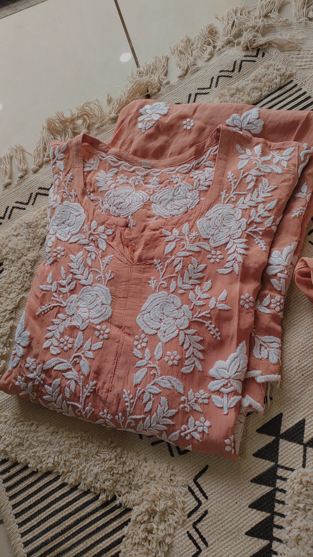 Handmade Azhel Co-ord Set with intricate back and sleeve embroidery, by LVW Fashions, featuring traditional Lucknow Chikankari.