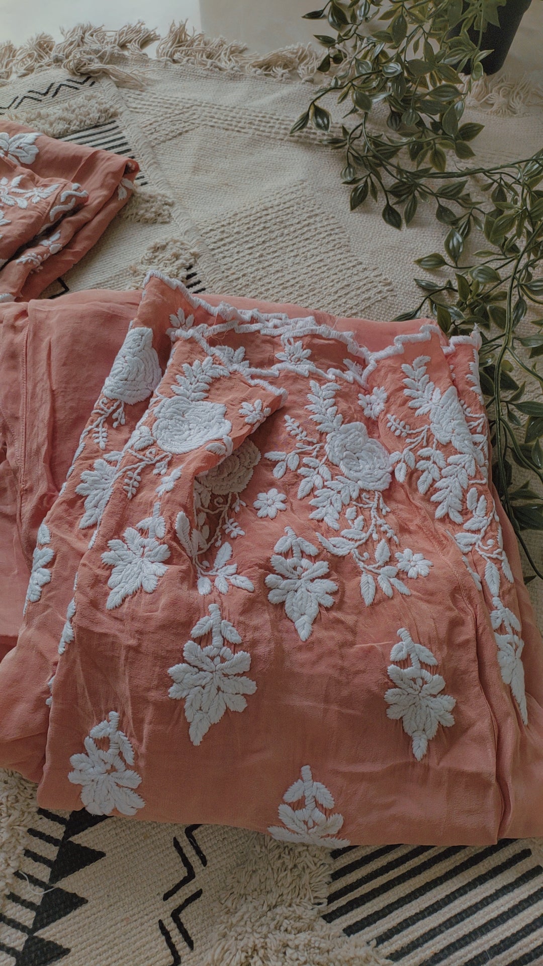 Handmade Azhel Co-ord Set with intricate back and sleeve embroidery, crafted with Lucknow Chikankari by LVW Fashions.