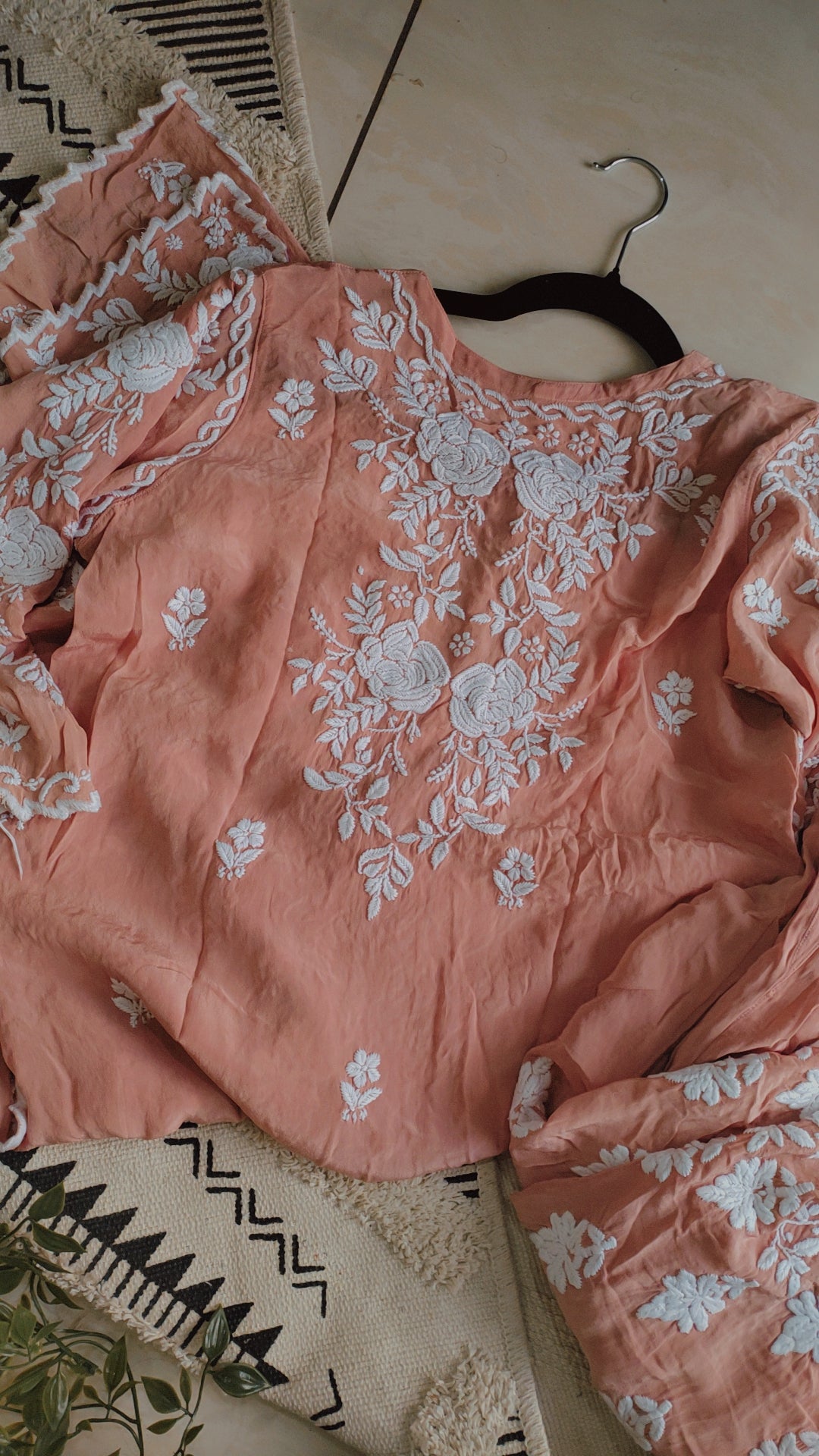 Handmade Azhel Co-ord Set with intricate back and sleeve embroidery, crafted by LVW Fashions in Lucknow Chikankari style.