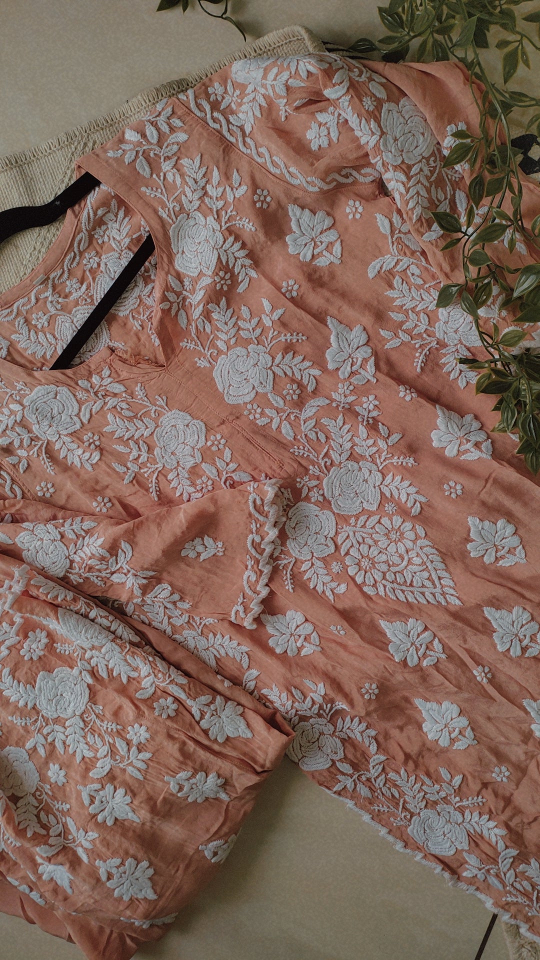Handmade Azhel Co-ord Set with embroidered back and sleeves, crafted by LVW Fashions in traditional Lucknow Chikankari style.