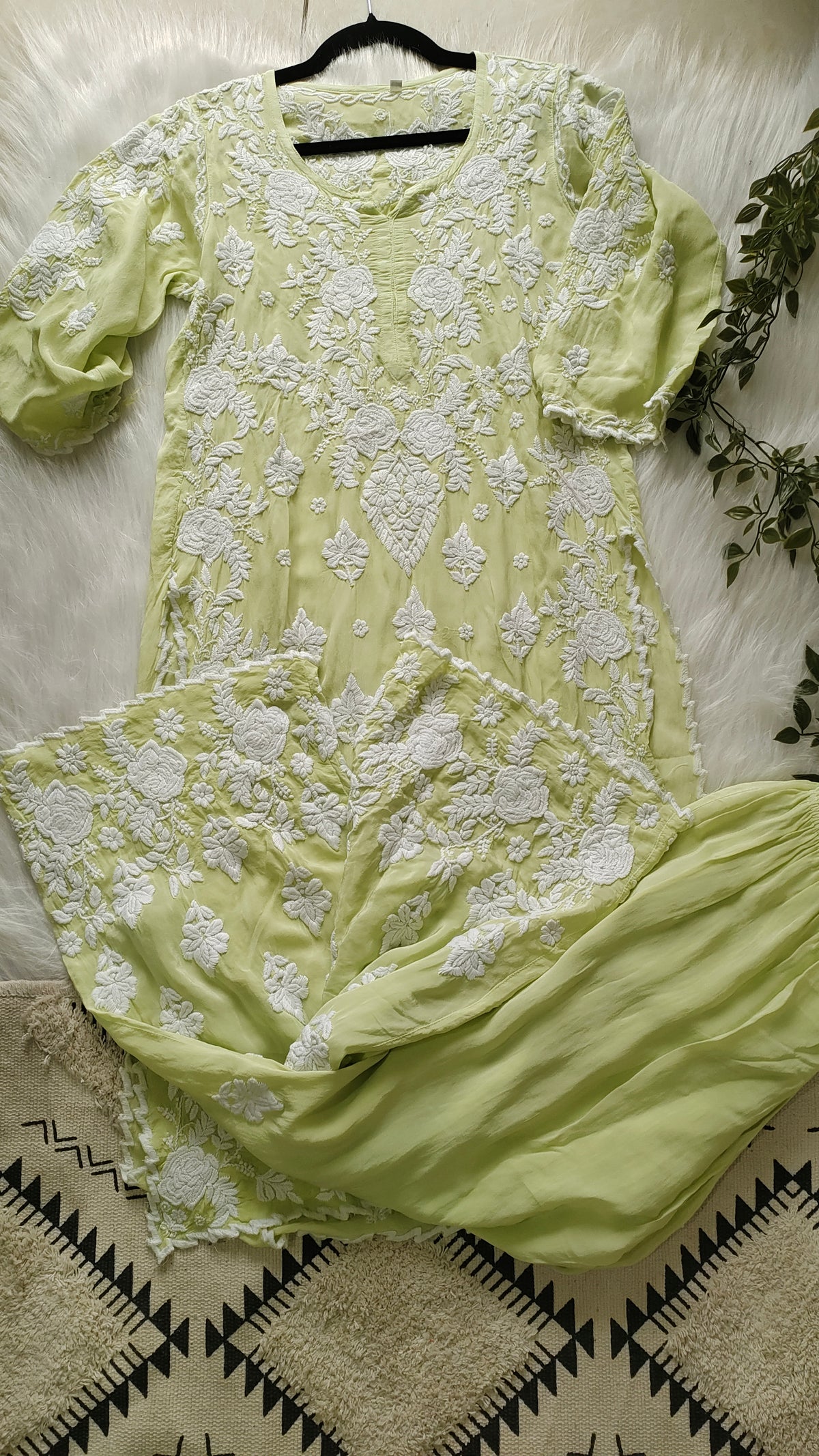 Handmade Azhel Co-ord Set with intricate back and sleeve embroidery, crafted by LVW Fashions in Lucknow Chikankari style.